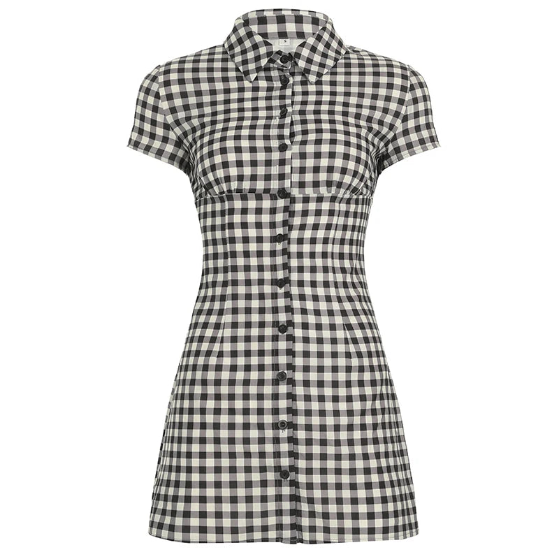 Women's Casual Plaid Contrast Color Turn-Down Collar Dress Commuter Style Short Sleeves Single Breasted Women's Casual Dresses Natalia Home Fashion    Natalia Home Fashion