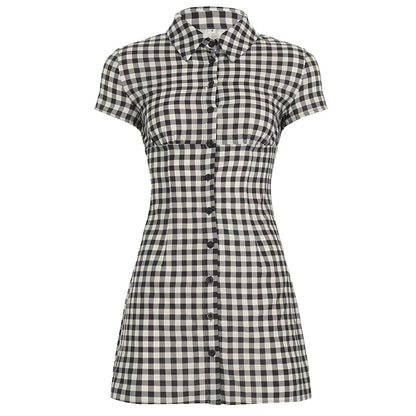 Women's Casual Plaid Contrast Color Turn-Down Collar Dress Commuter Style Short Sleeves Single Breasted Women's Casual Dresses Natalia Home Fashion    Natalia Home Fashion