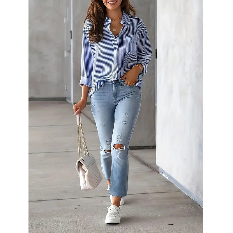 Classic Striped Shirt Women Streetwear Vintage Long Sleeve Blouses Female Casual Loose Single-Breasted Shirts