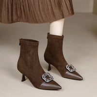 Fashionable Slim Fit Diamond Decorated Pointed Toe High Heel Bootie Mid-Calf Zipper Closure Leather Boot for Women