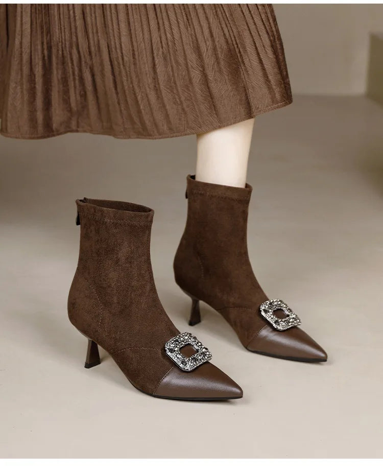Fashionable Slim Fit Diamond Decorated Pointed Toe High Heel Bootie Mid-Calf Zipper Closure Leather Boot for Women