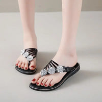 Women's Flat Sandals Summer Outdoor Beach Shoes Silver Clip Board Slippers with Three Flowers And Sequins PVC Material - Natalia Home Fashion