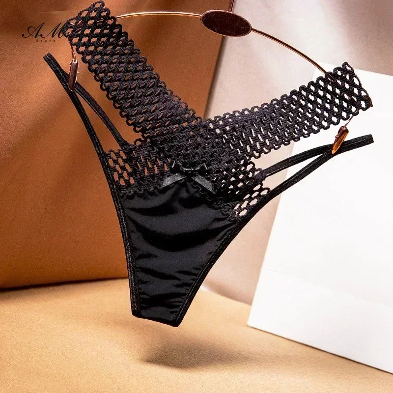 Women's Panties Cross Cut Ice Silk Thong Sports Fashion Perspective Low Waist Ribbons sexy lingerie thongs