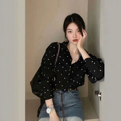 Chic Polka Dot Long Sleeve Shirt Women's Turn-down Collar French Style Simple Design Spring Summer New Arrival