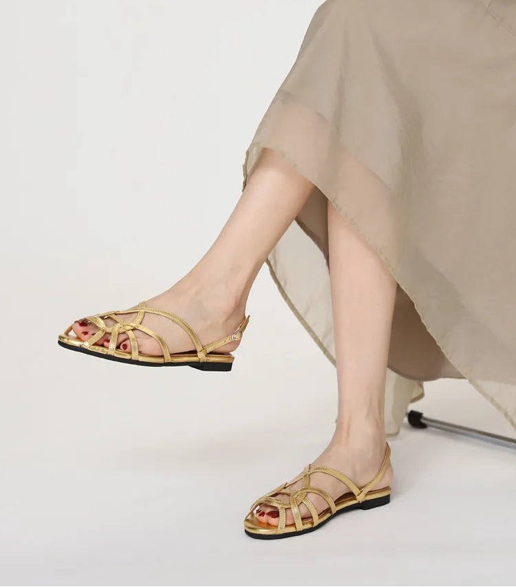 French-style cross-strap sandals, summer open-toe flat women's shoes, one-strap buckle Roman-style commuter shoes