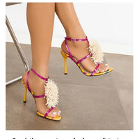 Ladies High Heel Sandals with 3D Fluffy Flower Decorations round Toe Thin Heel Spring Summer Night Club Fashionable Party Shoes