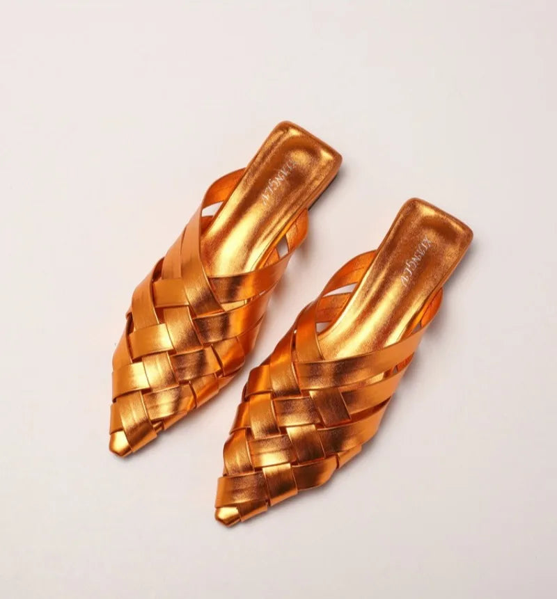 Hollow Woven Pointed Cool Slippers Women's Summer Thick Heel Outer Wear Bag Head Half Slippers Women Sandals