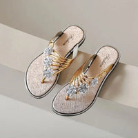 Women's Flat Sandals Summer Outdoor Beach Shoes Silver Clip Board Slippers with Three Flowers And Sequins PVC Material - Natalia Home Fashion
