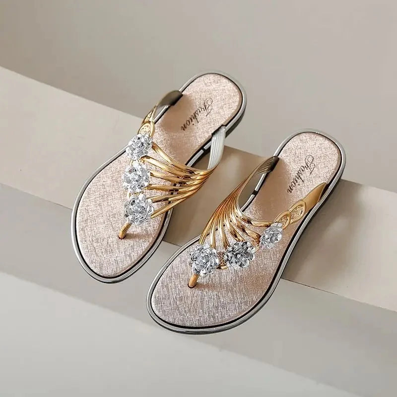 Women's Flat Sandals Summer Outdoor Beach Shoes Silver Clip Board Slippers with Three Flowers And Sequins PVC Material - Natalia Home Fashion
