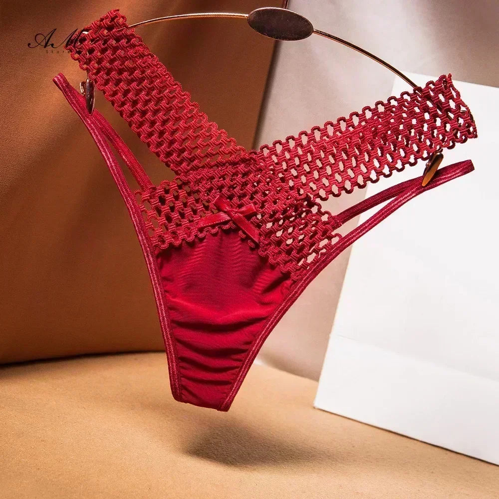 Women's Panties Cross Cut Ice Silk Thong Sports Fashion Perspective Low Waist Ribbons sexy lingerie thongs