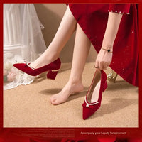 Women's Chunky Heel Pointed Toe Slip-On Shoes Wedding Dress Two-Way Wear Pearl Red Bridal Shoes Spring Autumn New Style