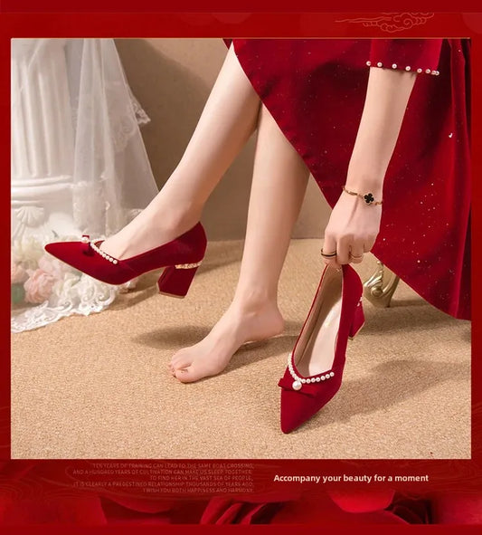 Women's Chunky Heel Pointed Toe Slip-On Shoes Wedding Dress Two-Way Wear Pearl Red Bridal Shoes Spring Autumn New Style