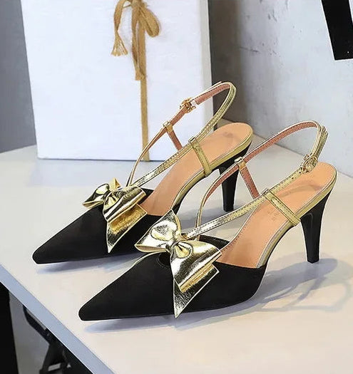 French Style Velvet Pointed Toe High Heels Hollow out Embroidery Butterfly Knot Party Shoes Women's Low Heel Single Shoes