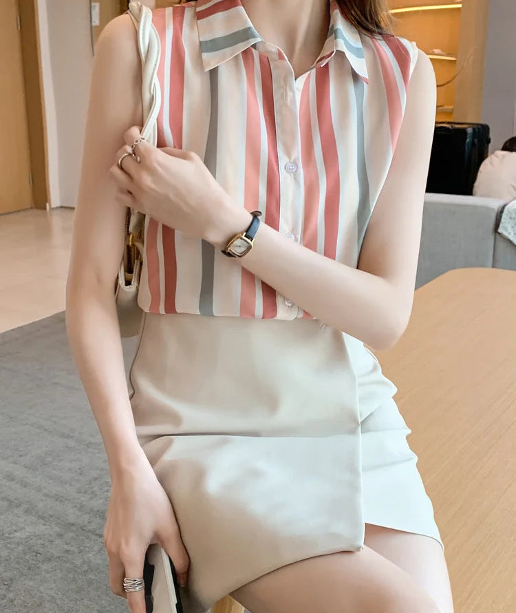 Stripe Women Blouse Casual Shirts Summer Female Clothing Sleeveless  Elegant and Youth Woman Blouses Basic Shirts and Blouses
