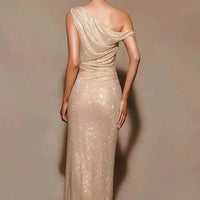 Fashion Water Diamond Slanted Shoulder Hollowed Out Sparkling Party Dress Women's Ankle-length Dresses
