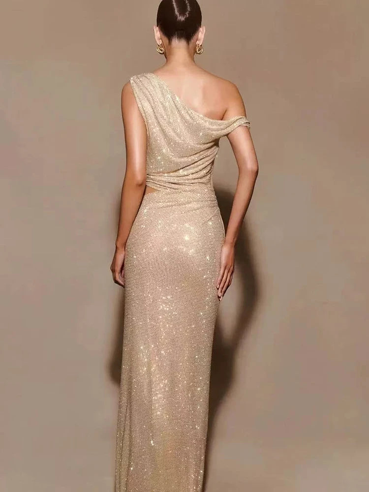 Fashion Water Diamond Slanted Shoulder Hollowed Out Sparkling Party Dress Women's Ankle-length Dresses