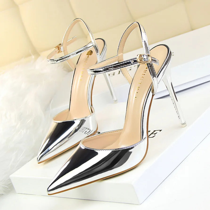 Women 10.5cm High Heels Sandals Lady Metallic Gray Patent Leather Stripper Ankle Strap Sandals Wedding Fetish Nightclub Shoes