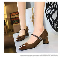 Leopard Print Women Pumps Suede Middle Heel Shoes Sexy Mary Jane Shoes Rhinestone Buckle Ladies Shoe Square Head