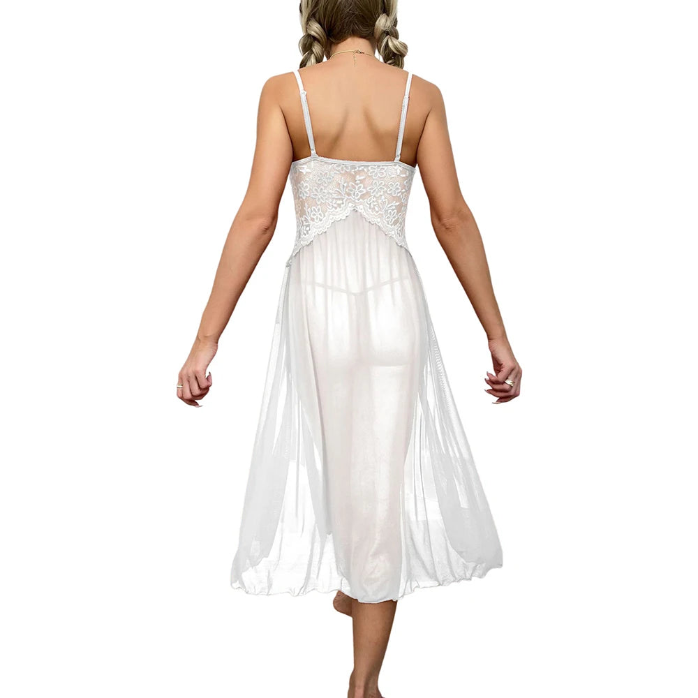 Sexy Lace Solid Women Sleepwear Underwear Mesh Lingerie Deep V Side Slit Sleeveless Female Fashion Robe Dress Nightwear