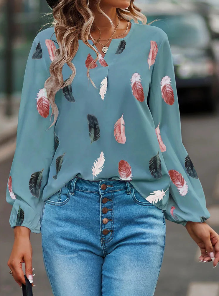 Fashion Woman Blouse Shirts For Women Stylish Top long Sleeve Feather Pattern Female Tops Elegant Chiffon Mujer Woman Clothes Natalia Home Fashion    Natalia Home Fashion