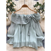 Blouses Design Sense Niche Chic Off Shoulder Shirt Women's French Gentle Style Loose Versatile Western-style Flowing Mesh Top
