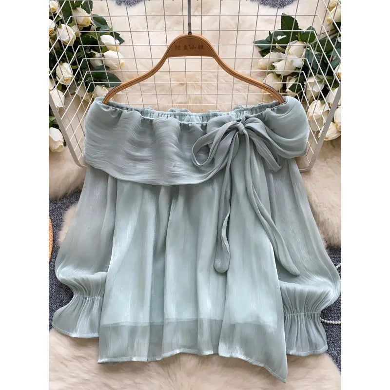 Blouses Design Sense Niche Chic Off Shoulder Shirt Women's French Gentle Style Loose Versatile Western-style Flowing Mesh Top