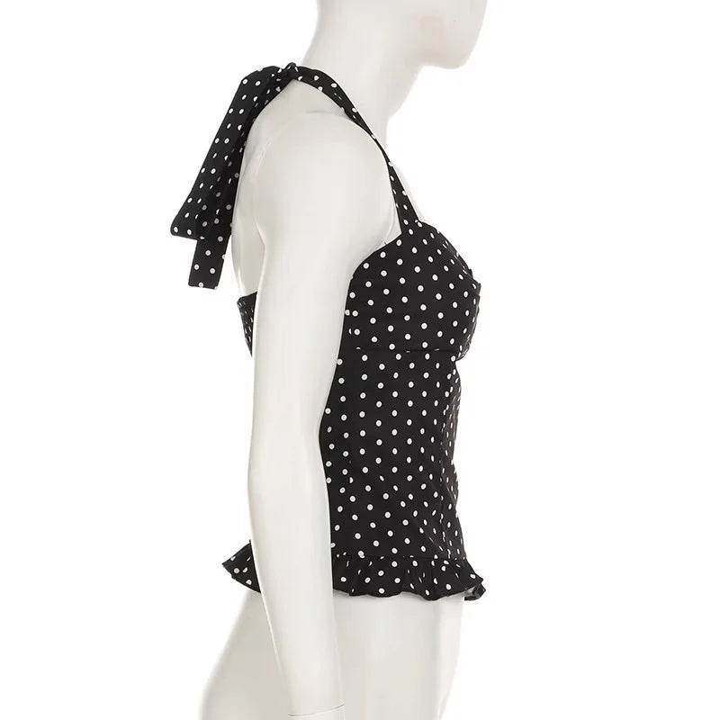 Polka Dot Print Tops Women Halter Low-Neck Bandage Ruffles Backless Sleeveless Skinny Fashion Street Versatile Vest