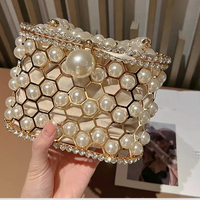 Luxury Pearl Beaded Metal Cage Hollow Out Women Handbag Rhinestones Diamond Evening Bag Wedding Party Clutch Purse Crossbody Bag