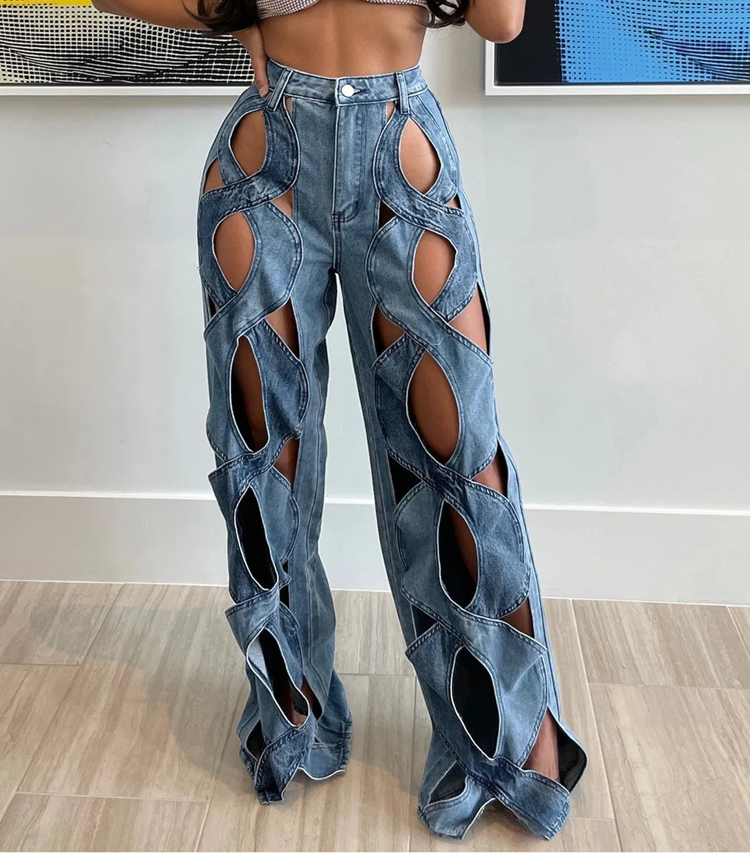 CM.YAYA Women Vintage Cutout Hollow Out Criss Cross Straight Denim Pants 2024 Fashion INS High Waist Wide Leg Jeans Trousers Natalia Home Fashion    Natalia Home Fashion