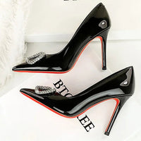 Banquet Pointed High Heels, Shallow Metal Rhinestone Thin Heel Patent Leather High Heels