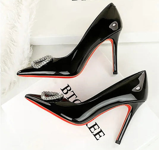 Banquet Pointed High Heels, Shallow Metal Rhinestone Thin Heel Patent Leather High Heels