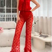 Women Pajamas Strap Lace Top Transparent Pants Sexy Lingerie Women Mesh Love Pants Camisole Halter Tops Hot Women's Night Shirts