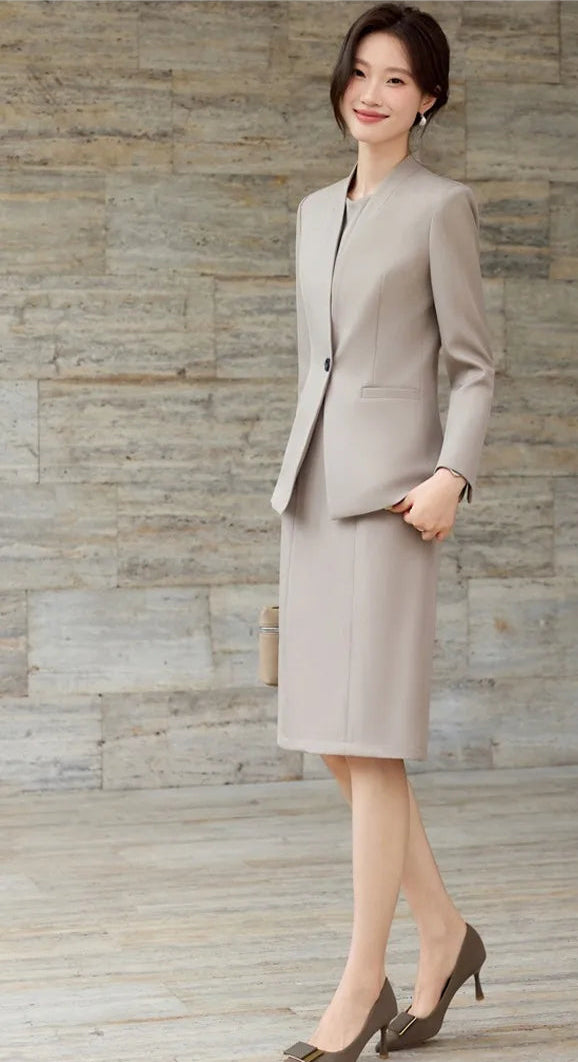 Elegant Professional Suit Dress Two-Piece Set Workwear Beauty Salon Uniform Long Sleeve Formal Outfit Polyester Fiber