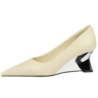 Spring Fashion Pointed Toe Pumps Woman Metal Decoration Wedges Heels Elegant Ladies Shoes