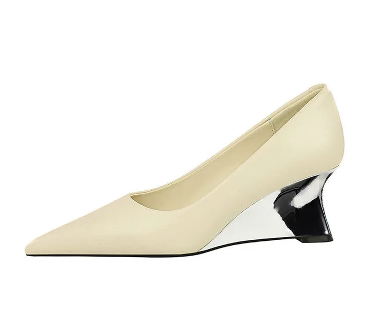 Spring Fashion Pointed Toe Pumps Woman Metal Decoration Wedges Heels Elegant Ladies Shoes