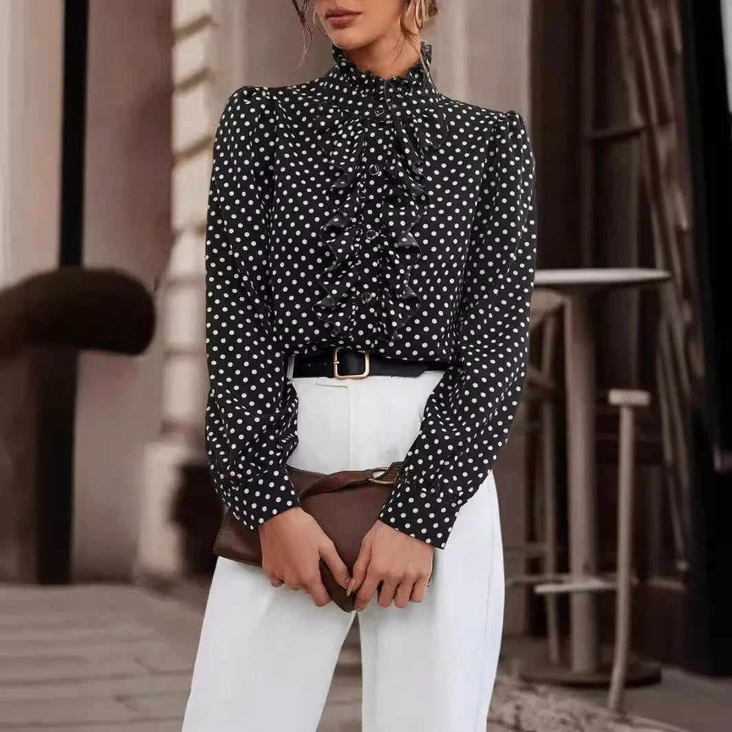 Long Sleeve Button Shirt Fashion Polka Dot Print Ruffle Women Shirts Blouses Elegant Office Lady Casual Top