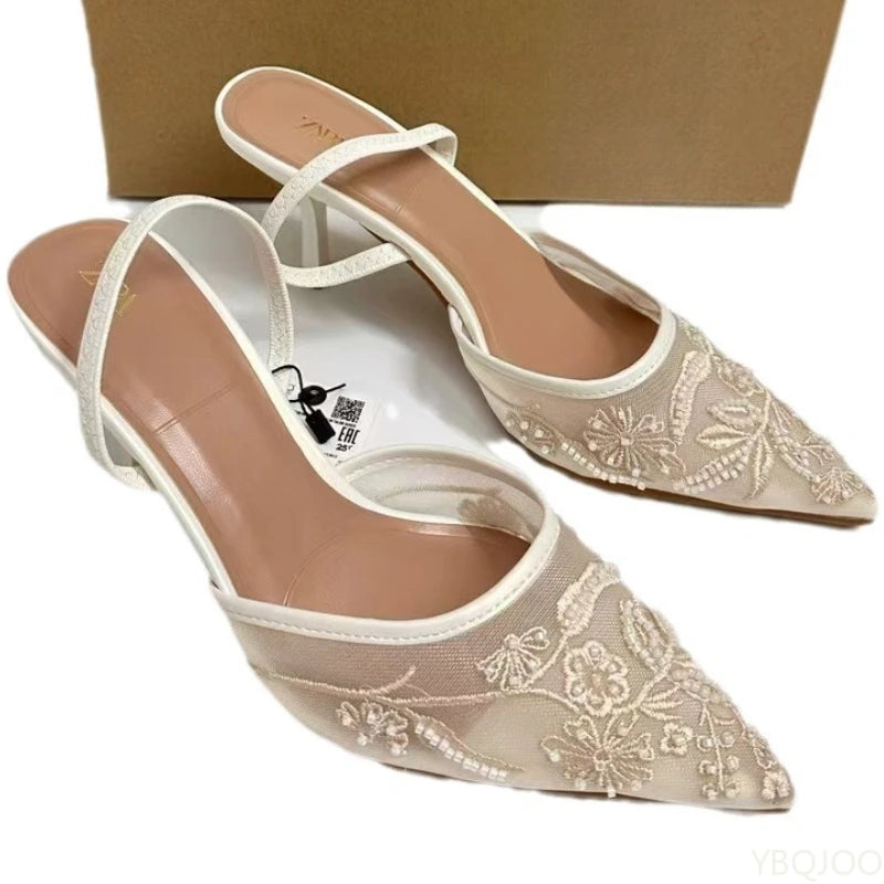 Ladies Embroider Brand High Heels Luxury Elegant Pointed Shoes Ladies Evening Party Sandals Wedding Bridal Dress shoes