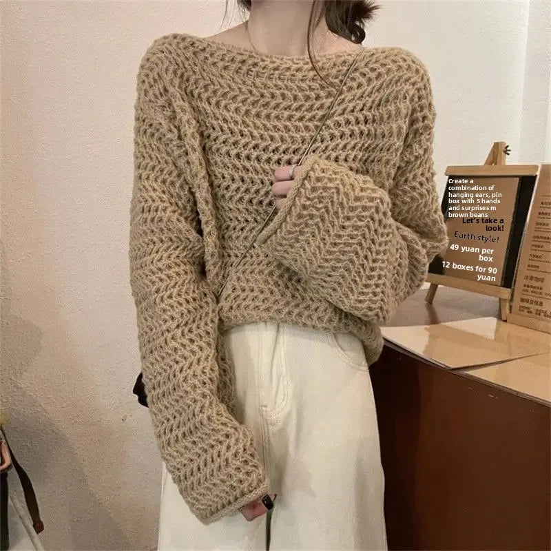 Hollow out Knitwear Women's Design Lazy Style Outerwear French Vintage Casual Loose Fit Sleeve Top - Natalia Home Fashion