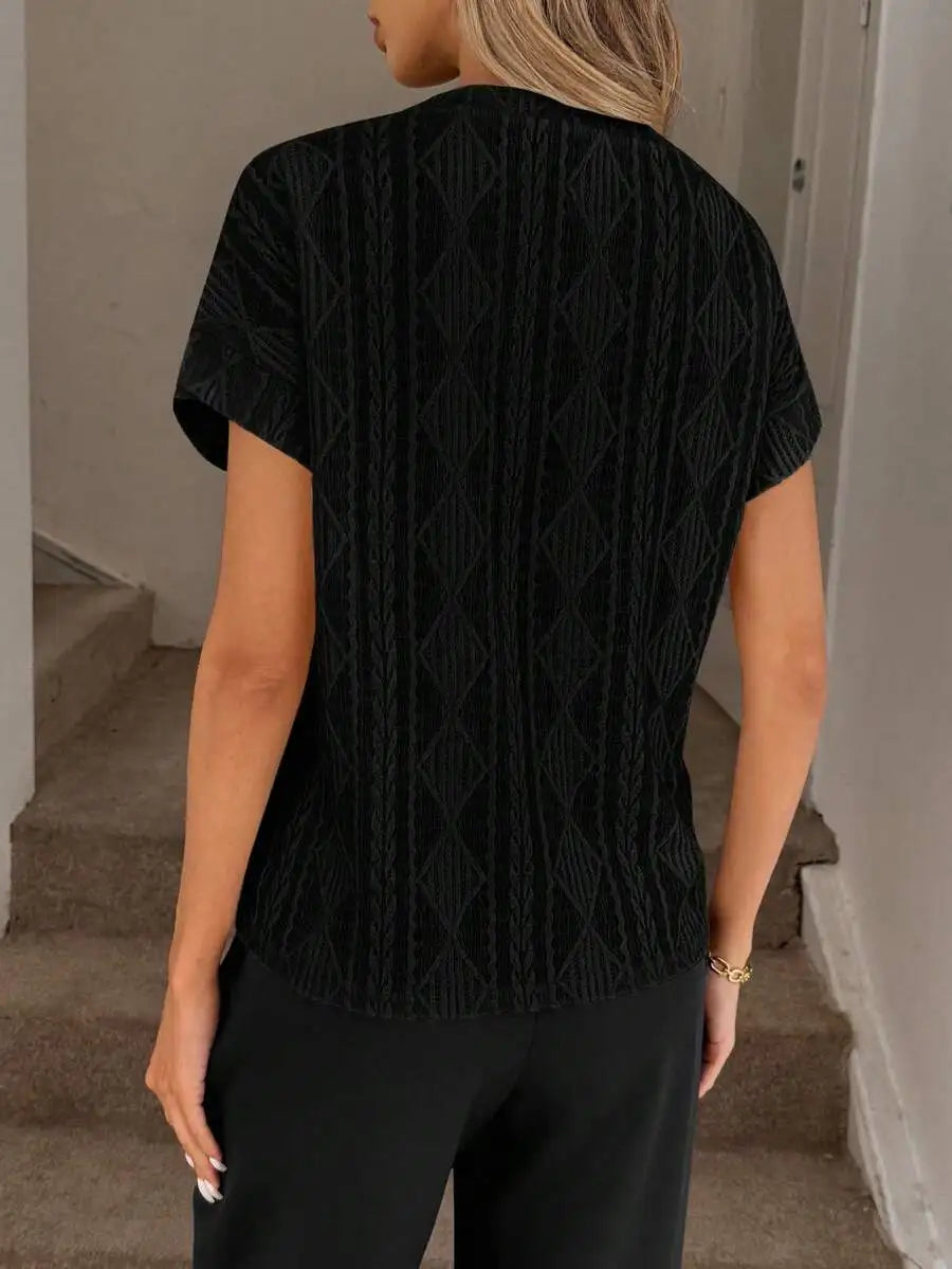 Women's Casual Round Neck Jacquard Short Sleeve Top T-shirt Leisure Commute Women Clothing