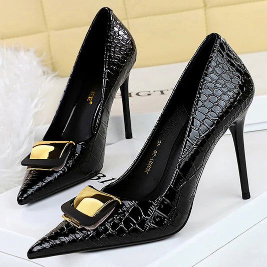Snake patterned patent leather Women Pumps Metal buckle decoration High Heels stilettos 10 cm Ladies Heels quality