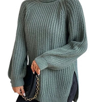 Turtlenecks Women Pullovers Mid-Long Casual Knit Sweater Fad Raglan Sleeves Side Slit Sweater New Skirt-style Jumper