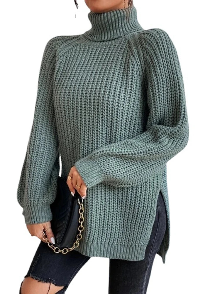 Turtlenecks Women Pullovers Mid-Long Casual Knit Sweater Fad Raglan Sleeves Side Slit Sweater New Skirt-style Jumper