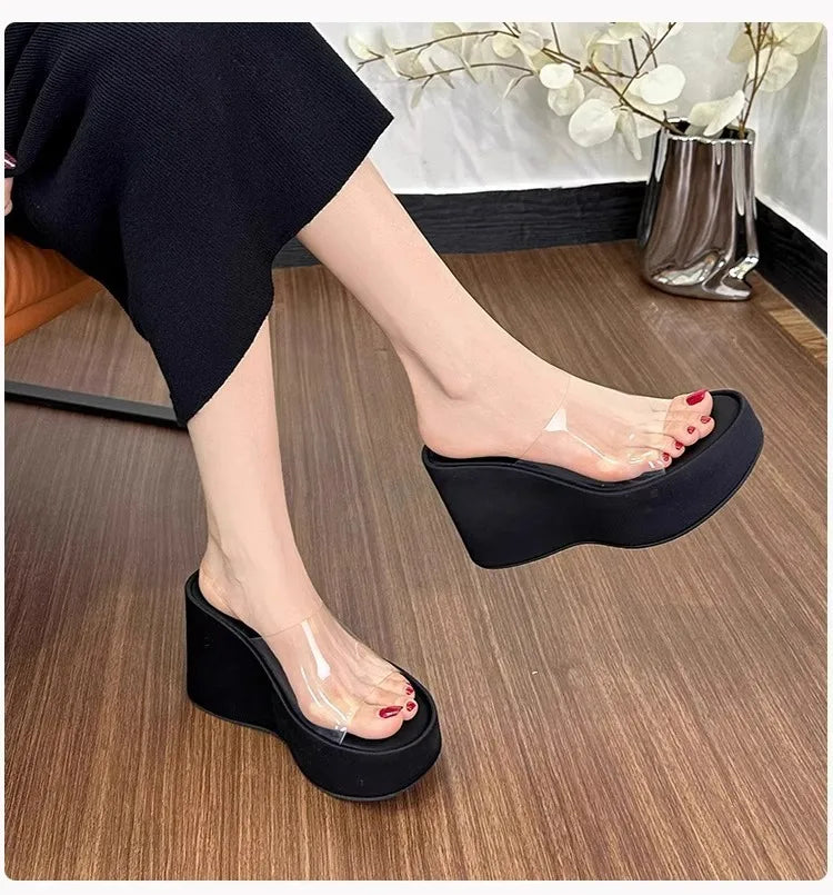 Thick Heel Platform Sandals Women's Summer Casual round Head PVC Material Beach Slippers Transparent Strap Casual Slip-On Shoes