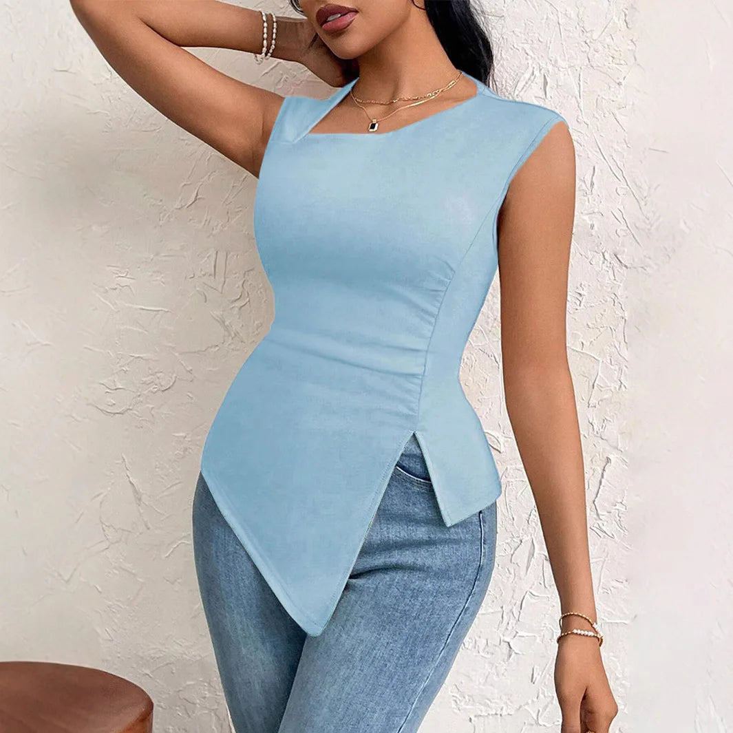 Spring Summer Elegant Stylish Daily Dating Casual Women's Sleeveless Tops Side Ruched Asymmetric Hem One-Shoulder Cut out