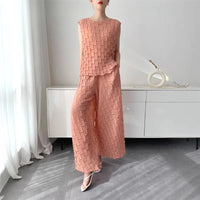 Handmade Pleated Set Women Summer New Sleeveless Vest Top Flared Pants Comfortable Casual Loose Large Size with Stretchy Natalia Home Fashion    Natalia Home Fashion