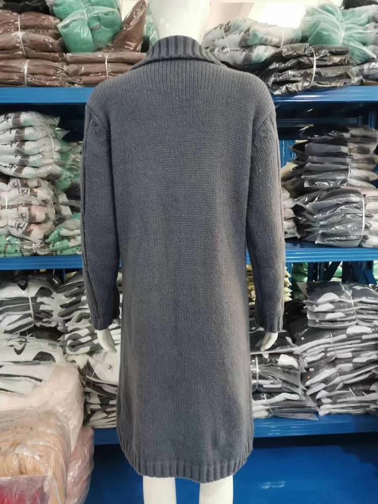 Oversized Women Loose Knitted Sweaters Thick Long Sleeve Pocket Button Knitted Long Cardigan Coats