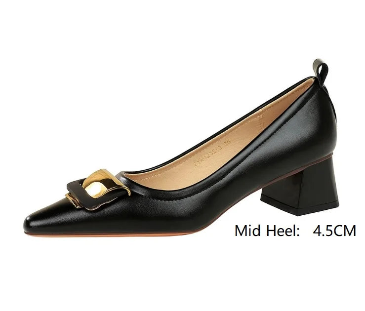 Professional Women's Shoes With Shallow Mouth Small Square Toe Metal Buckle 4.5CM Thick Heel Shoes