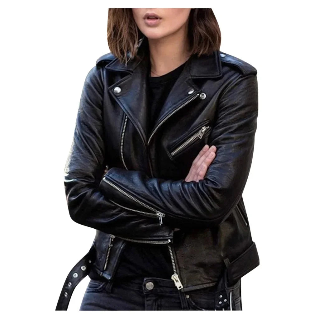 Women's Short Biker Style PU Leather Jacket Slim Fit Winter Coat Female Fashion Outerwear Coat - Natalia Home Fashion