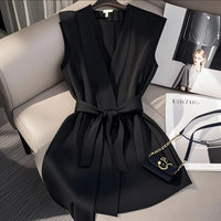 Elegant French style Sleeveless Waist-Cinching Shirt Chic Top Trendy V-Neck Acetate Fabric Urban Style