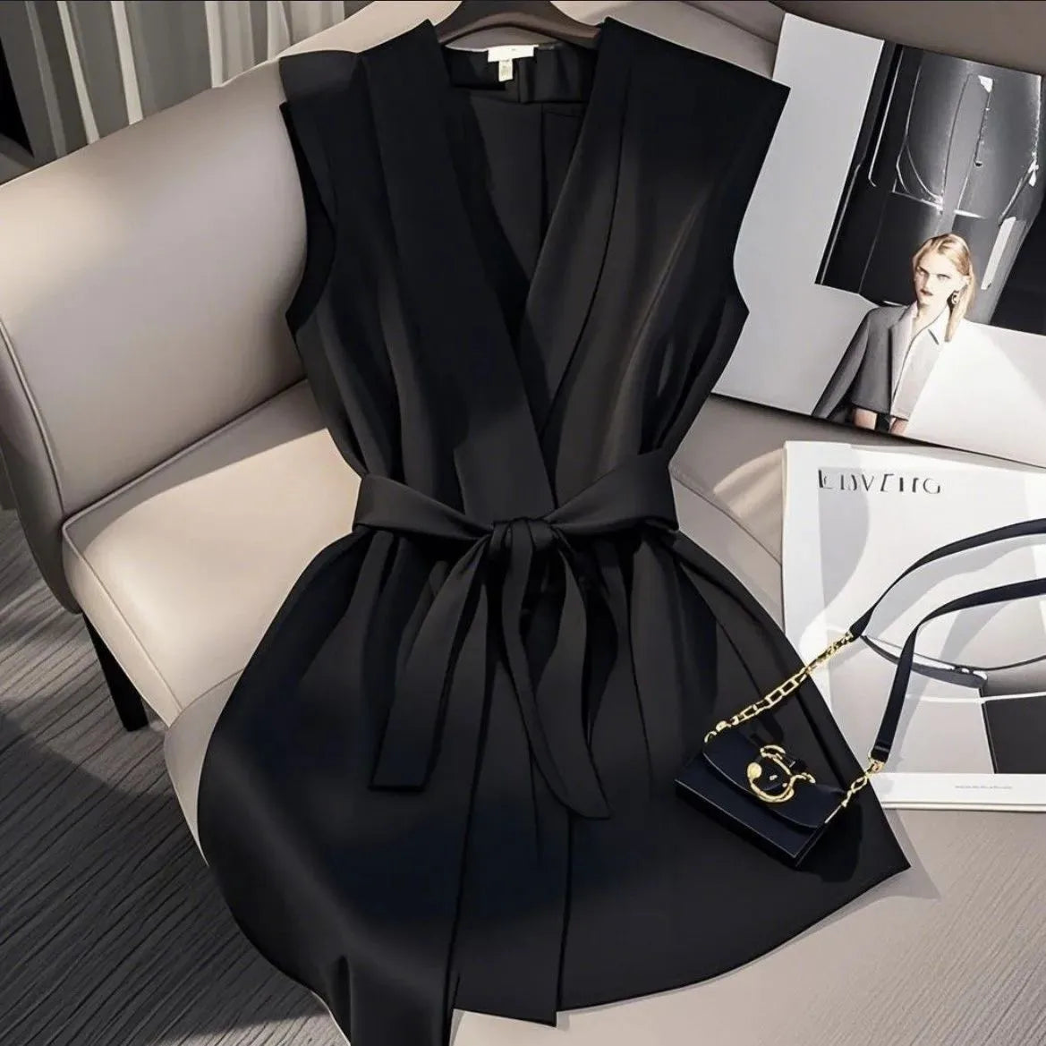 Elegant French style Sleeveless Waist-Cinching Shirt Chic Top Trendy V-Neck Acetate Fabric Urban Style